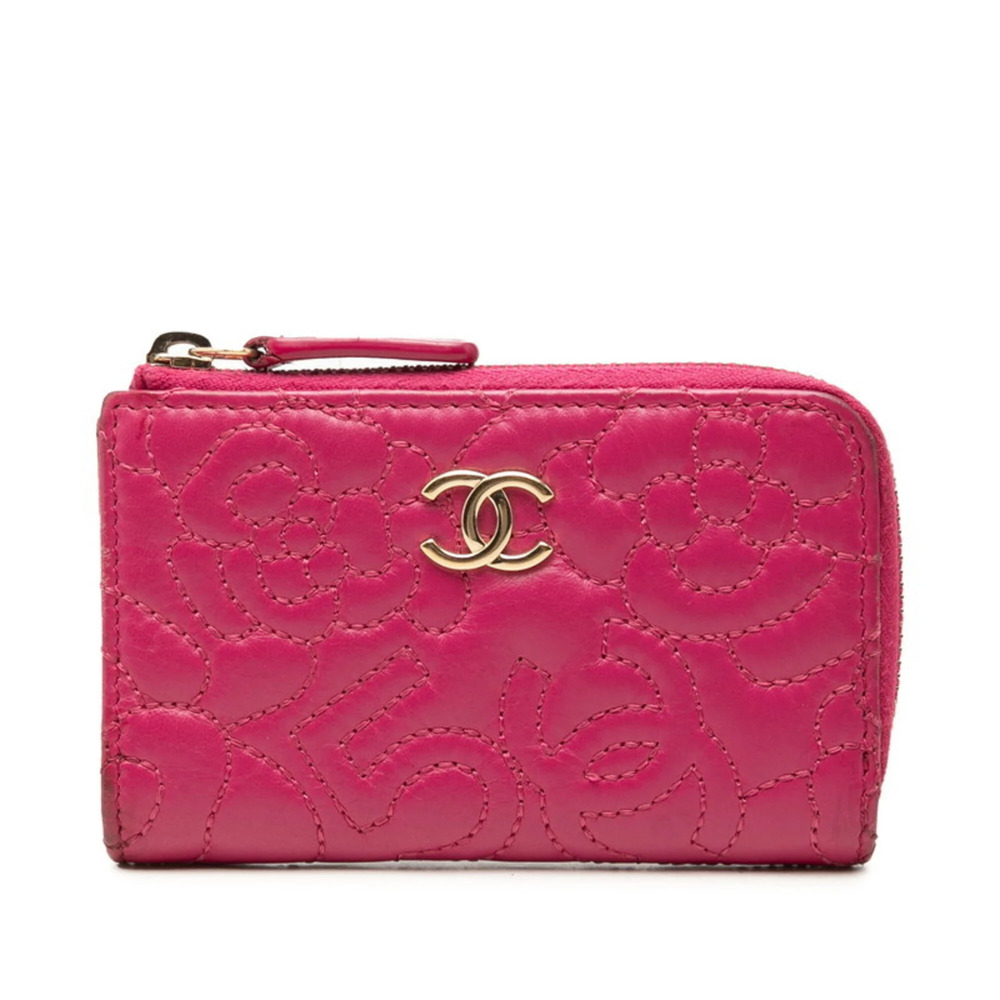 Chanel Coco Mark Camellia No. 5 L-shaped Zipper Wallet/Coin Purse A70610 Pink...